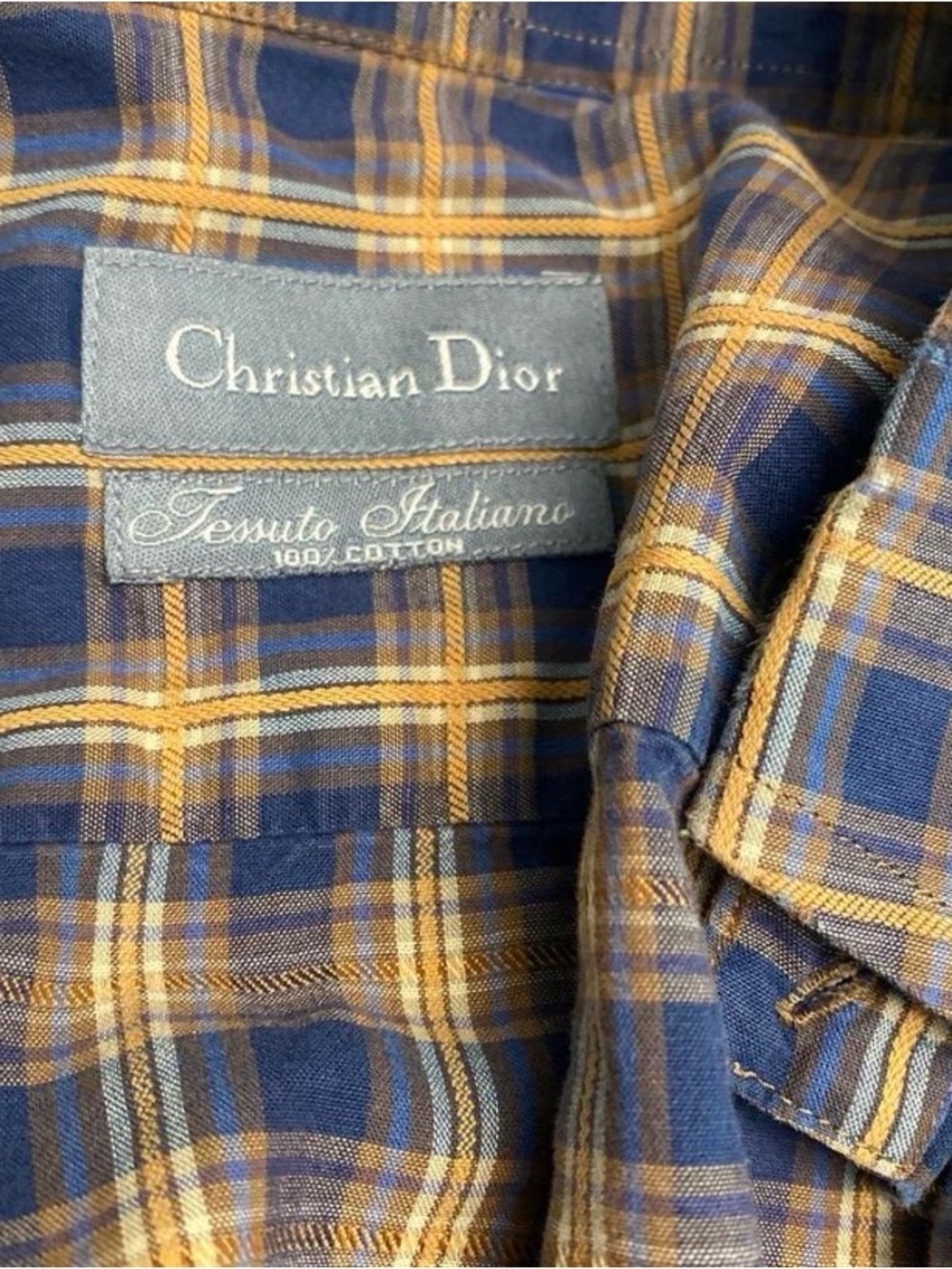Christian Dior Men’s Blue and Tan Plaid Button-Up Shirt - Picture 2 of 4